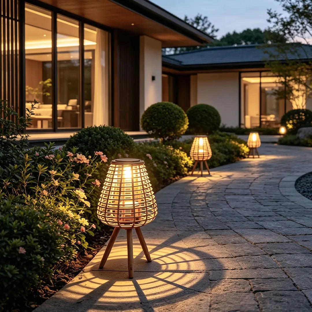 Outdoor solar floor lamps lighting a landscaped driveway with warm patterned illumination.