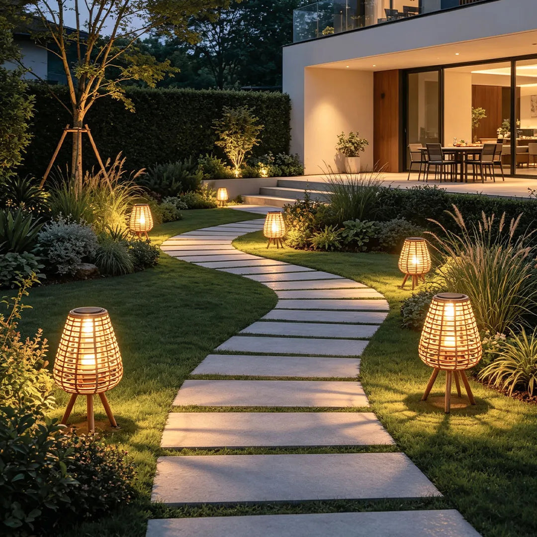 Outdoor solar floor lamps illuminating a garden walkway with warm decorative lighting at night.