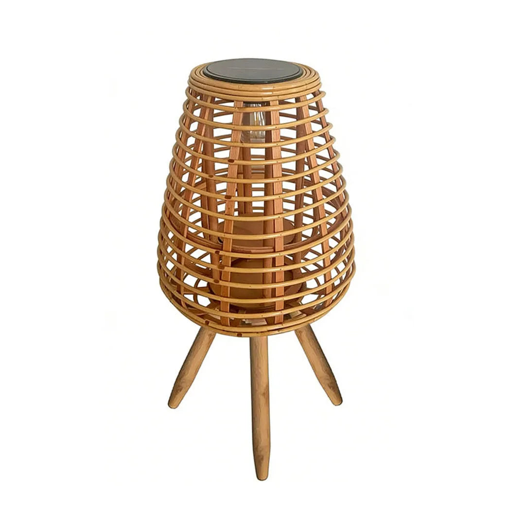 Outdoor solar floor lamps with a tapered woven shade and three wooden legs on white background.