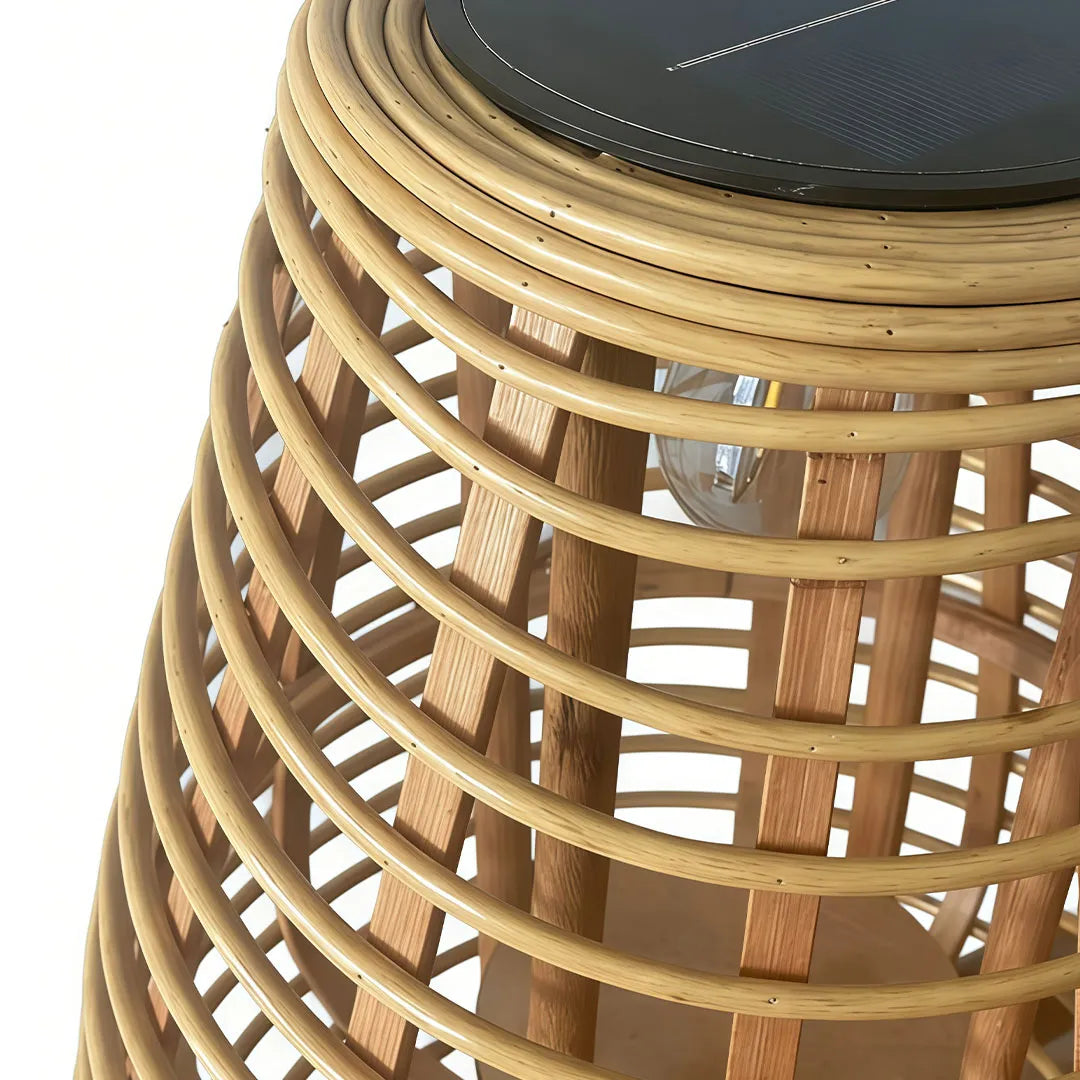 Outdoor solar floor lamps close-up showing the woven rattan frame and integrated solar panel.