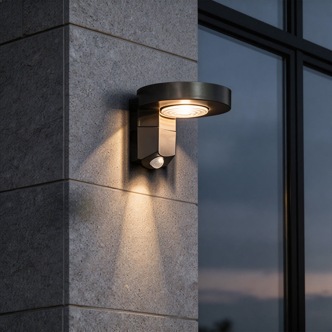 Outdoor solar lighting wall mount with a modern design, illuminating a stone wall exterior.