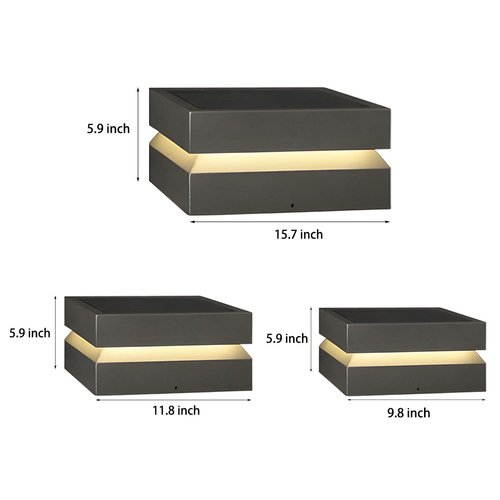 Outdoor solar lights deck with dimensions: 15.7x15.7 inch, 11.8x11.8 inch, and 9.8x9.8 inch.