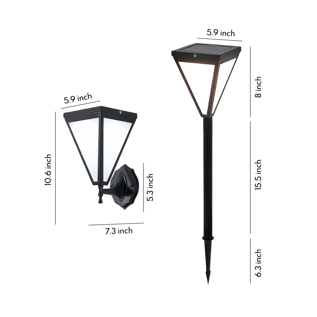Outdoor solar lights wall mounted with dimension guide and triangular lantern design.