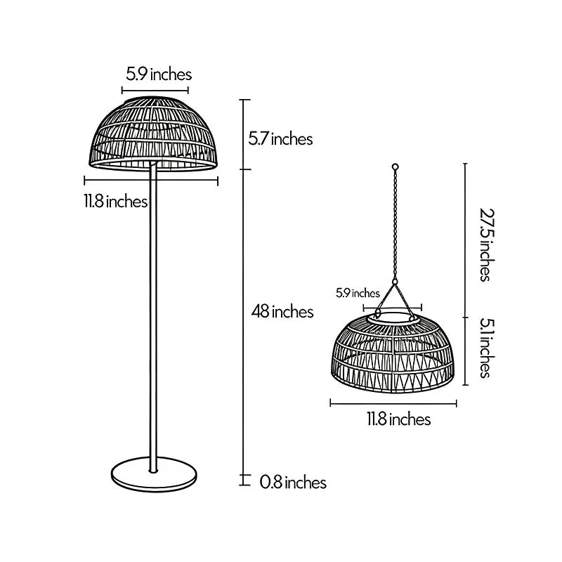 Outdoor solar pendant light dimensions drawing showing fixture height, shade size, and hanging proportions.