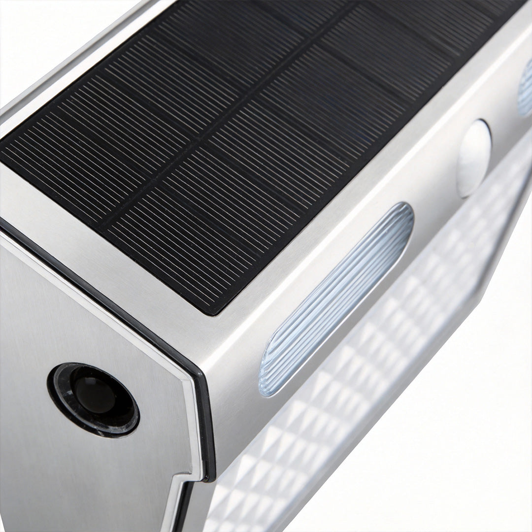 Outdoor solar wall light with motion sensor in black, front view of the sleek design.