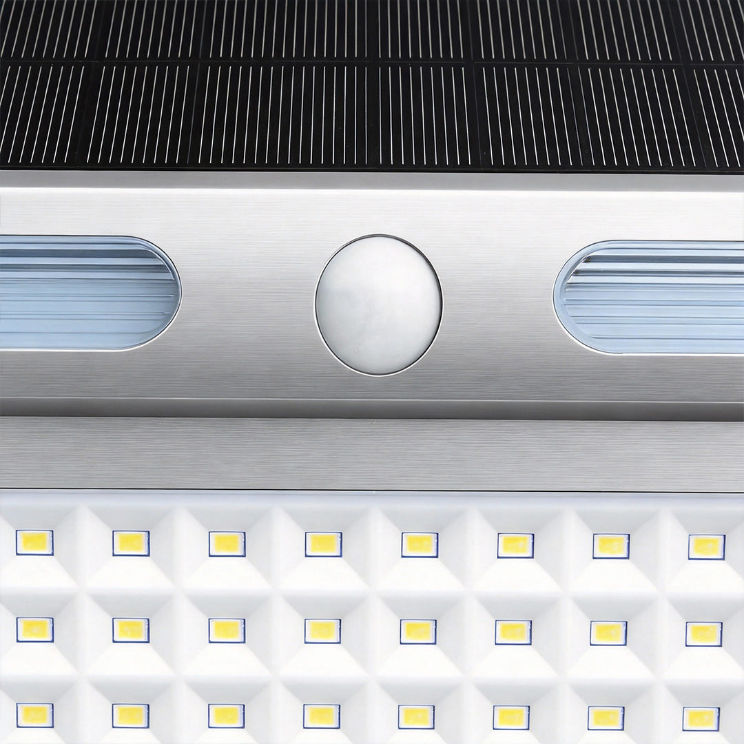 Outdoor solar wall light with motion sensor dimensions, front view with size specifications.