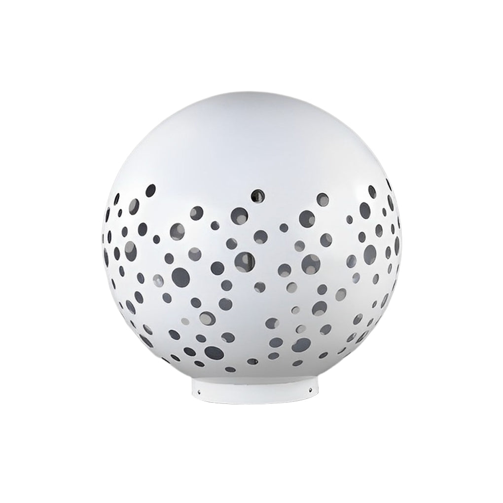 Outdoor sphere light with a white finish, providing ambient light in a garden.