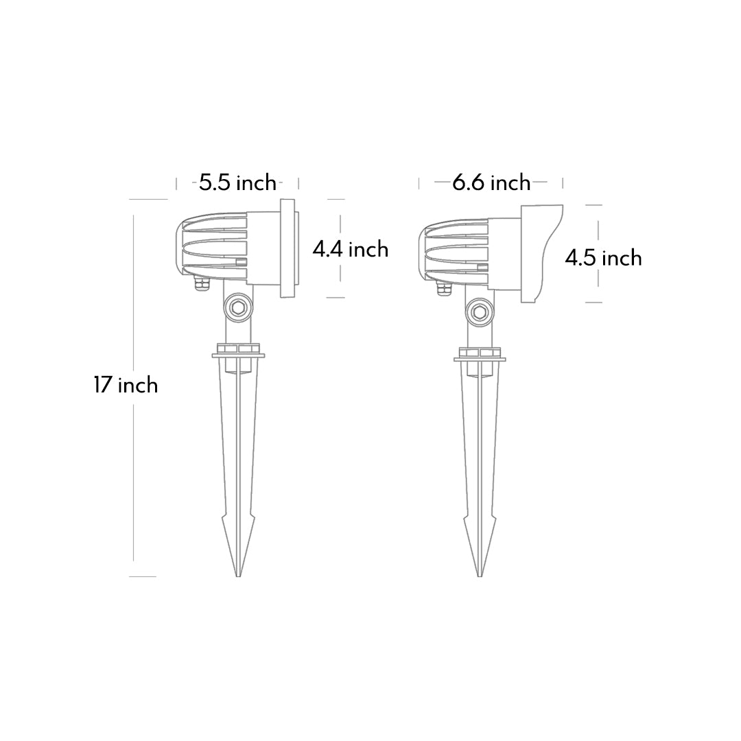 Technical drawing showing detailed dimensions and specifications for adjustable outdoor spotlight fixture