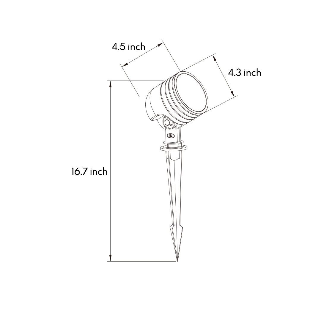 Technical drawing with detailed measurements and specifications for outdoor spotlight with ground mounting system