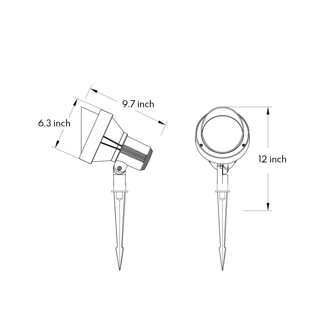Technical drawing showing installation specifications and dimensions for outdoor spotlight fixture