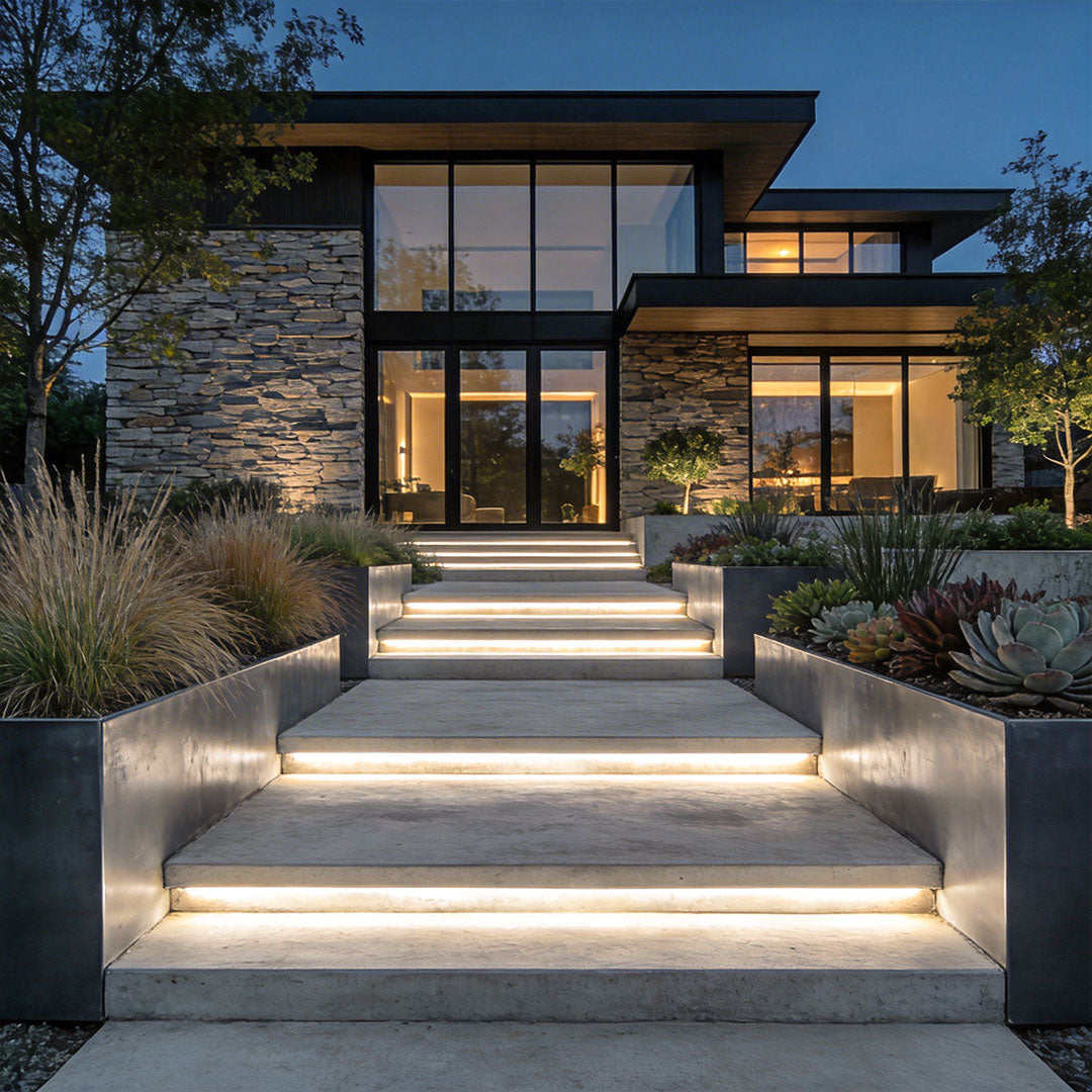 Outdoor stair lighting strips integrated into wide concrete steps leading to a modern landscaped home entrance.
