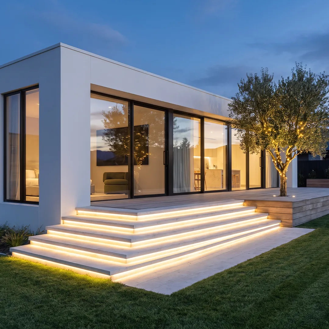 Outdoor stair lighting strips installed along tiered white steps outside a minimalist modern home.