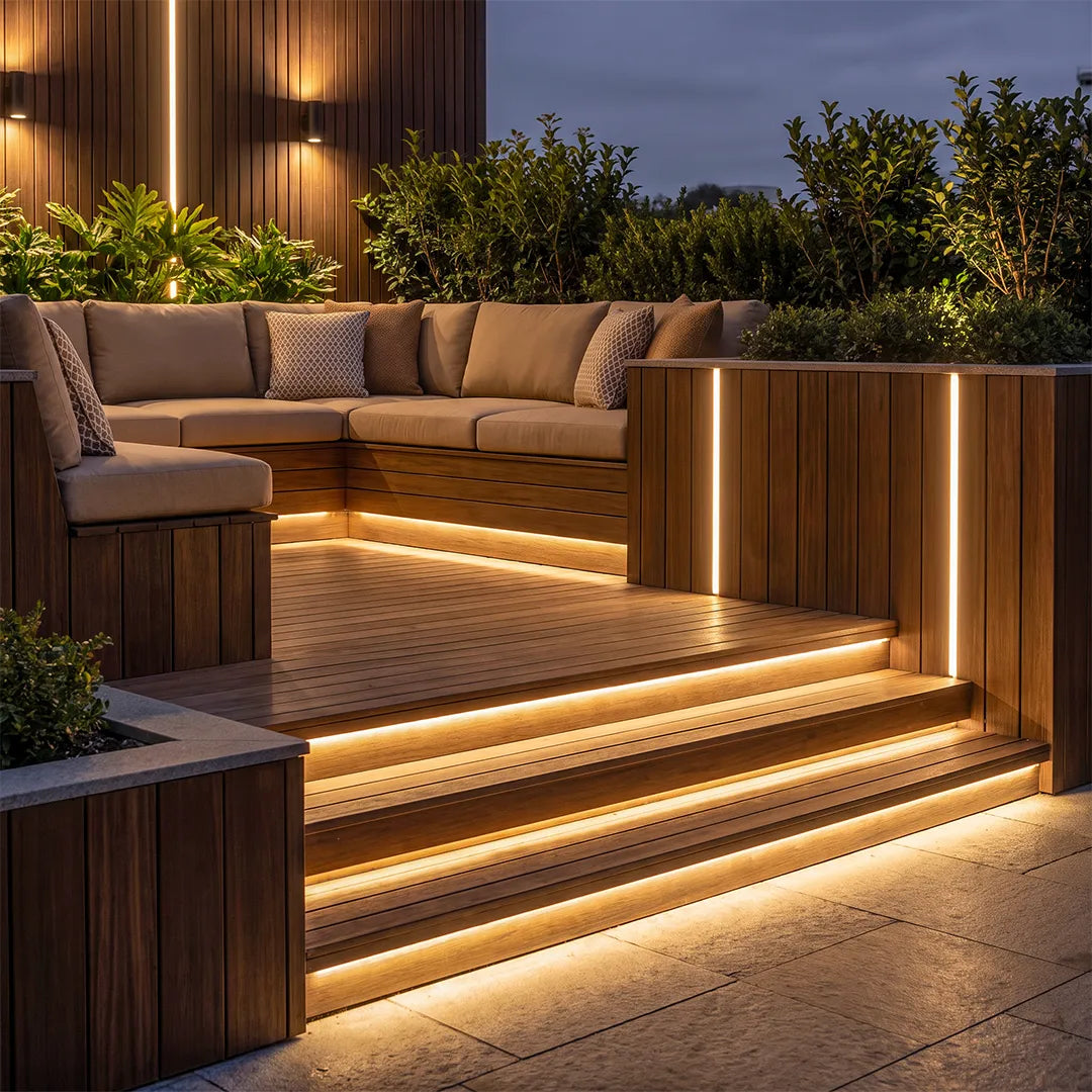Outdoor stair lighting strips illuminating wood and concrete patio steps beside built-in garden seating at night.