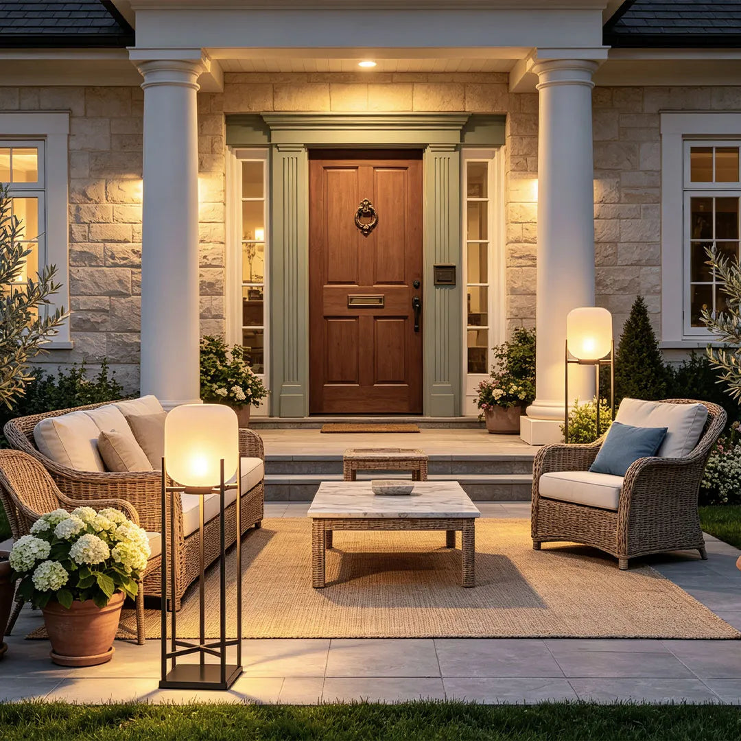Outdoor standing light illuminating a front patio seating area with a warm frosted globe shade and black frame.