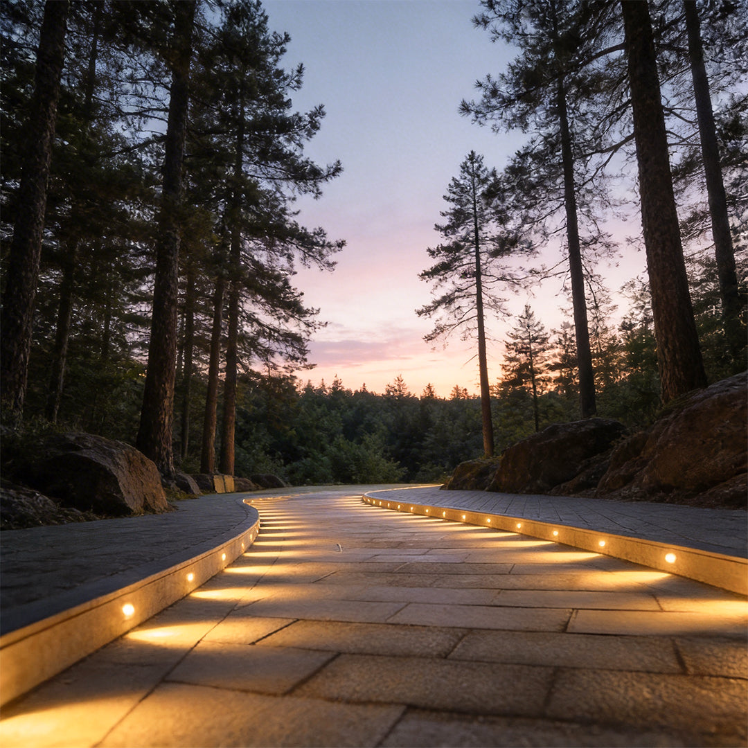 Outdoor step light fixtures illuminating a garden pathway with warm, inviting glow at dusk.