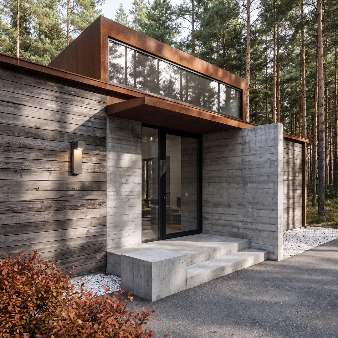 Outdoor stone wall lighting installed on a modern concrete house exterior beside the front entry.
