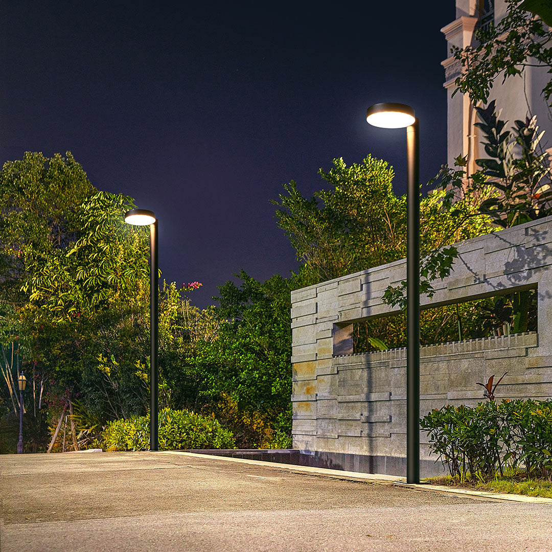 Outdoor street light shining brightly on a landscaped path in an evening scene.