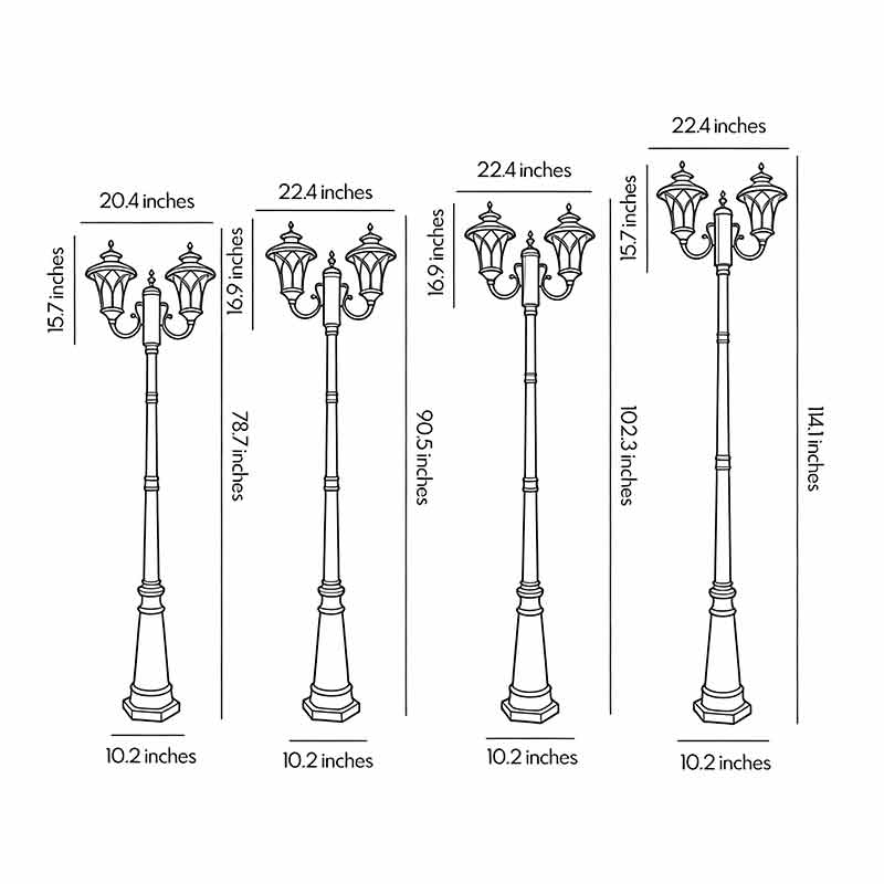 Technical diagram of outdoor street light showing dimensions and installation details.