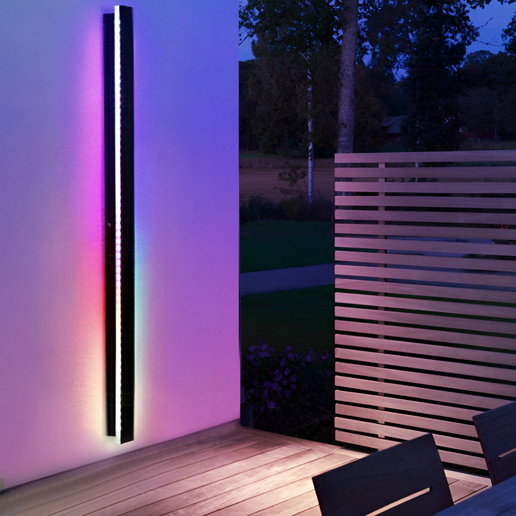 Outdoor strip wall light providing colorful illumination along a staircase.