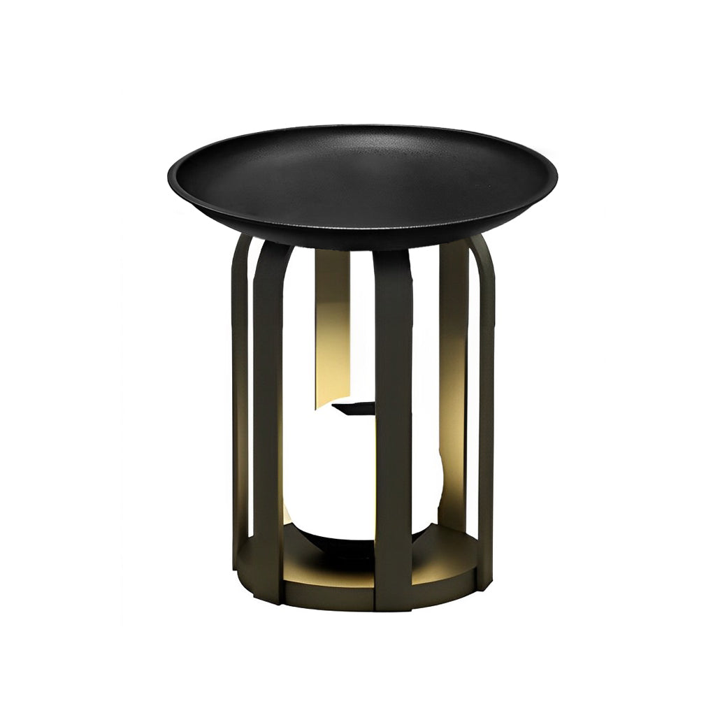 Outdoor tray floor lamp with a close-up of its tray and modern design.