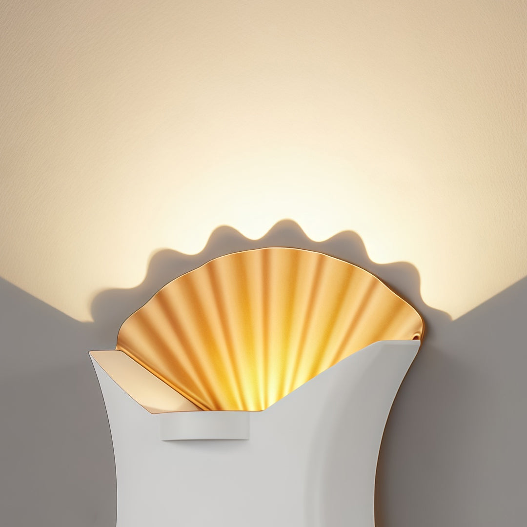 Close-up of outdoor up down wall light with scalloped diffuser and warm LED illumination detail.