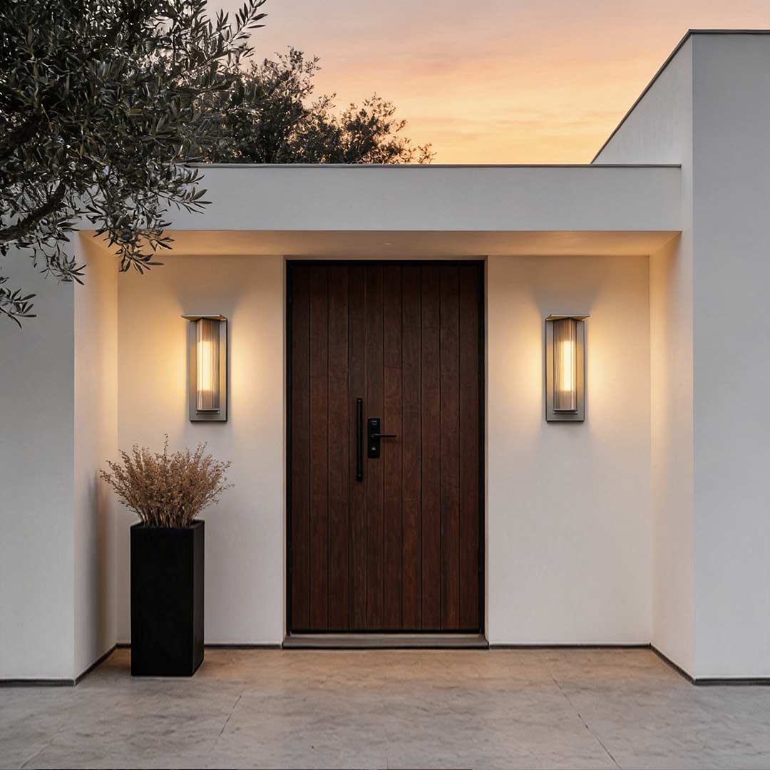 Outdoor vertical wall sconce enhancing a contemporary doorway with elegant ambient light.