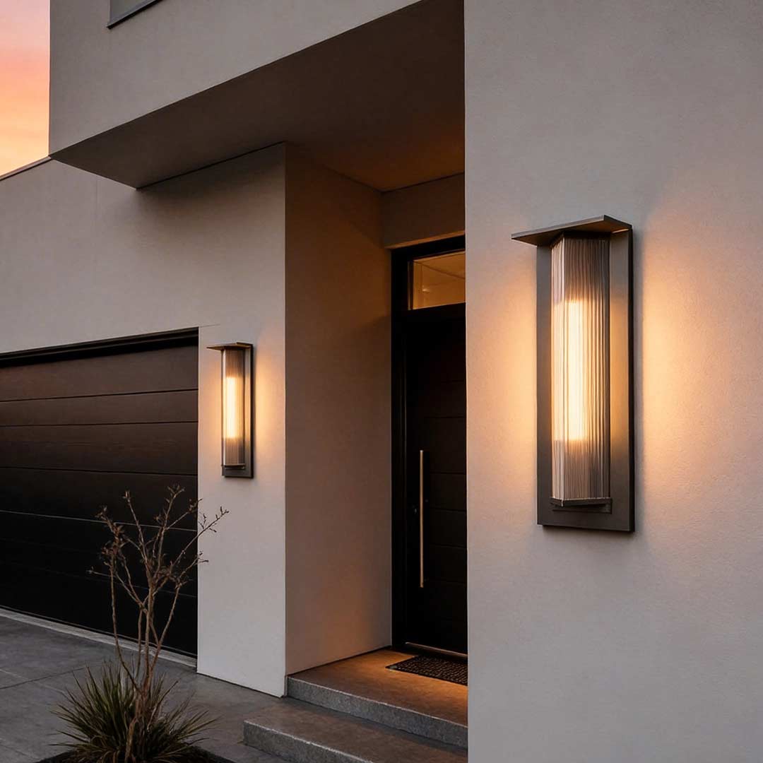 Outdoor vertical wall sconce illuminating a modern house entrance with warm directional glow.