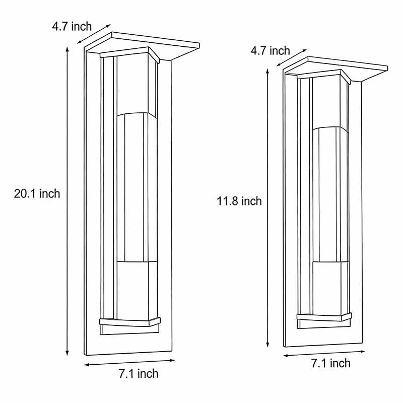 Technical diagram showing dimensions and structure of outdoor vertical wall sconce models.