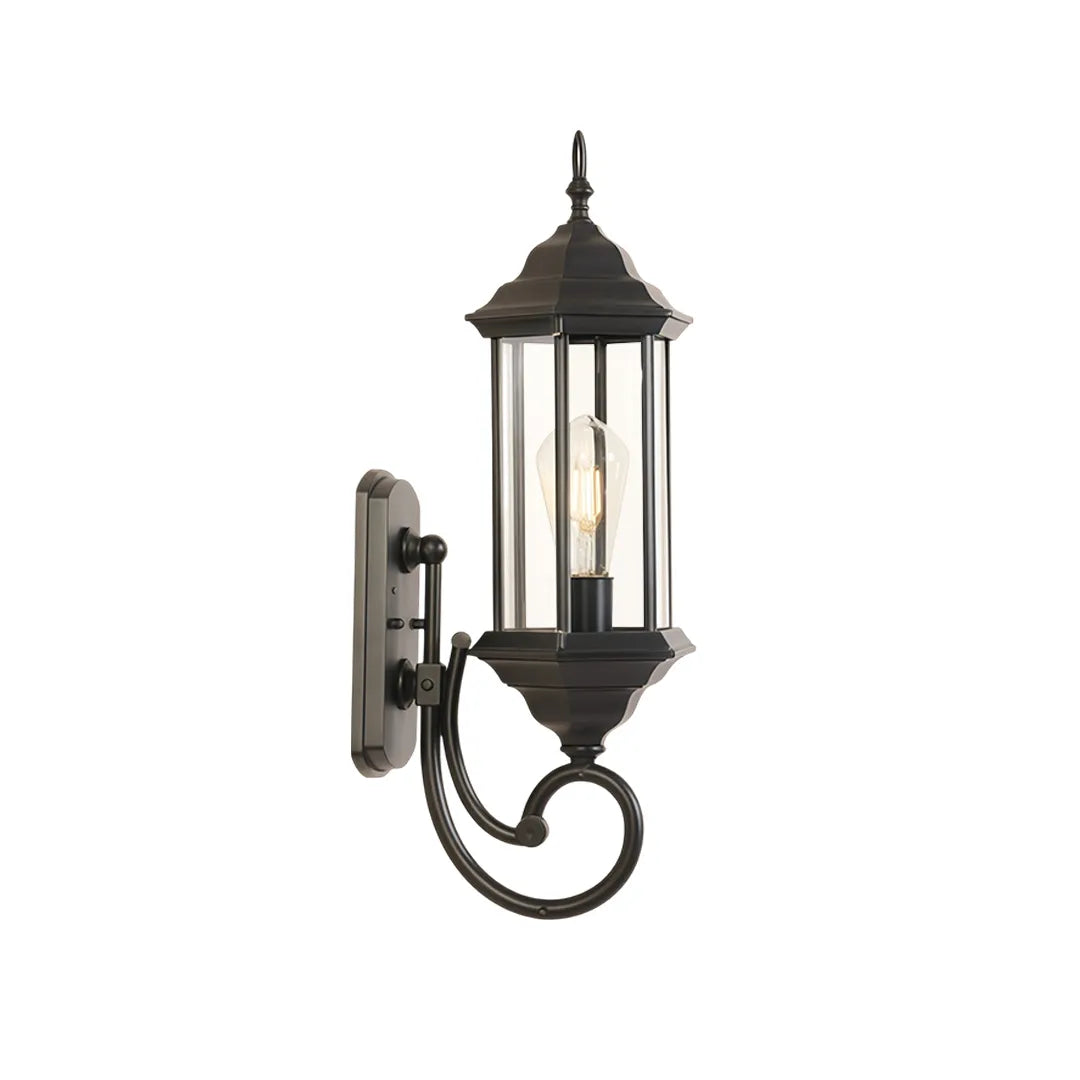 Outdoor wall lantern light angled product view featuring a decorative curved arm and classic lantern shape.