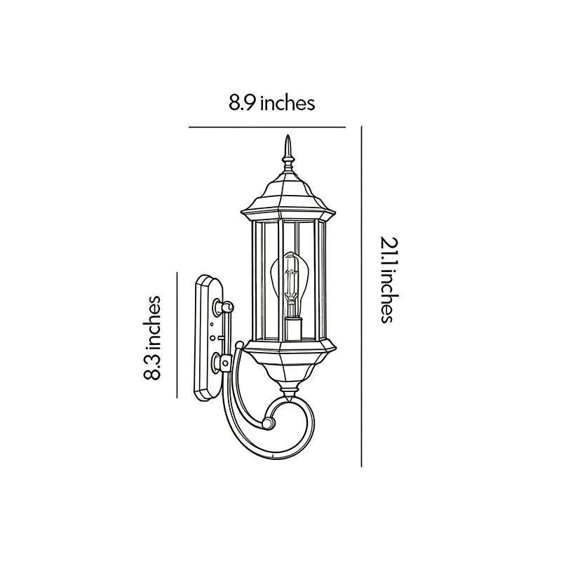Outdoor wall lantern light dimension drawing showing fixture height, width, and wall projection measurements.