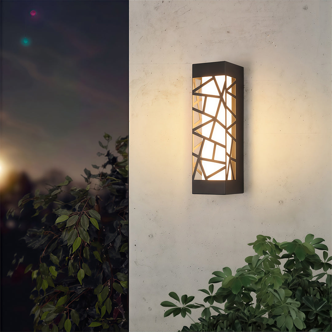 Modern luxury chandeliers inspired outdoor wall mount lights beside greenery in evening setting