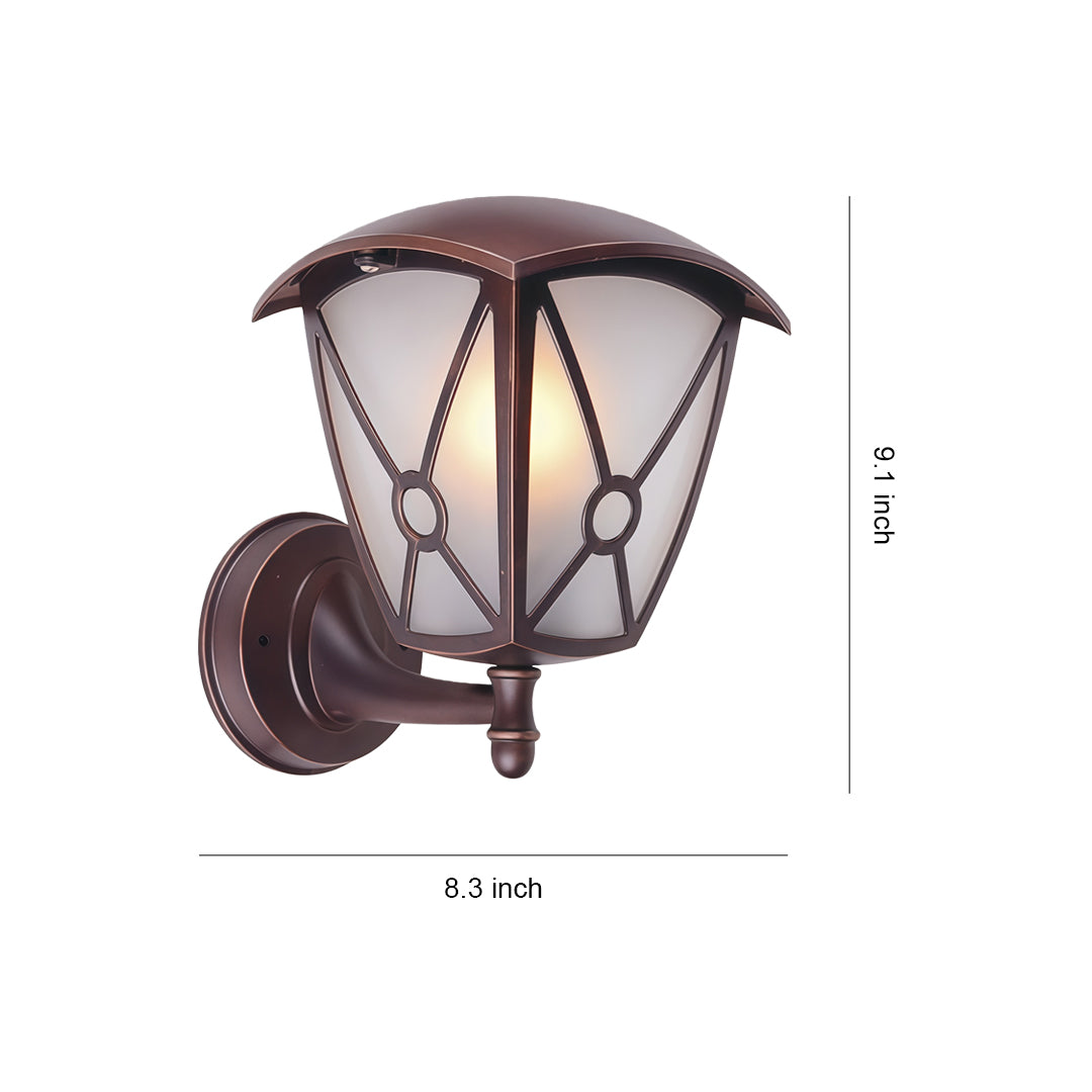Outdoor wall light for house with X-pattern frosted glass and bronze finish, shown with size measurement
