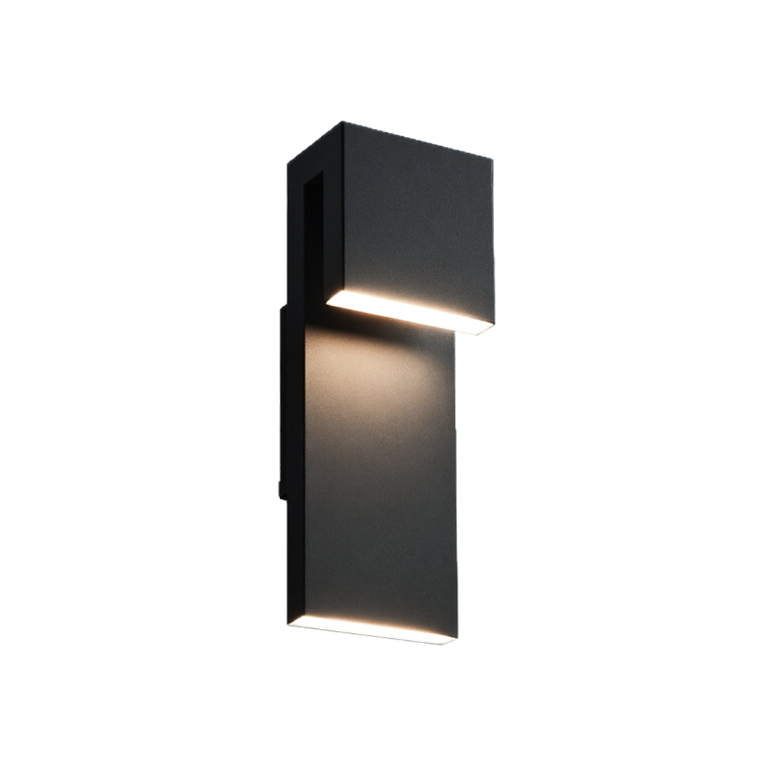 industrial outdoor wall light with minimalist black rectangular design and warm downward glow