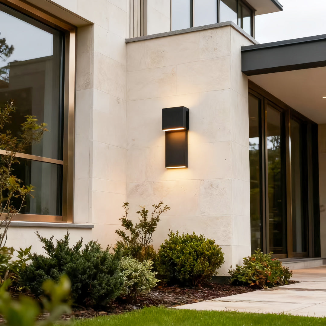 industrial outdoor wall light illuminating contemporary home facade with modern architectural style