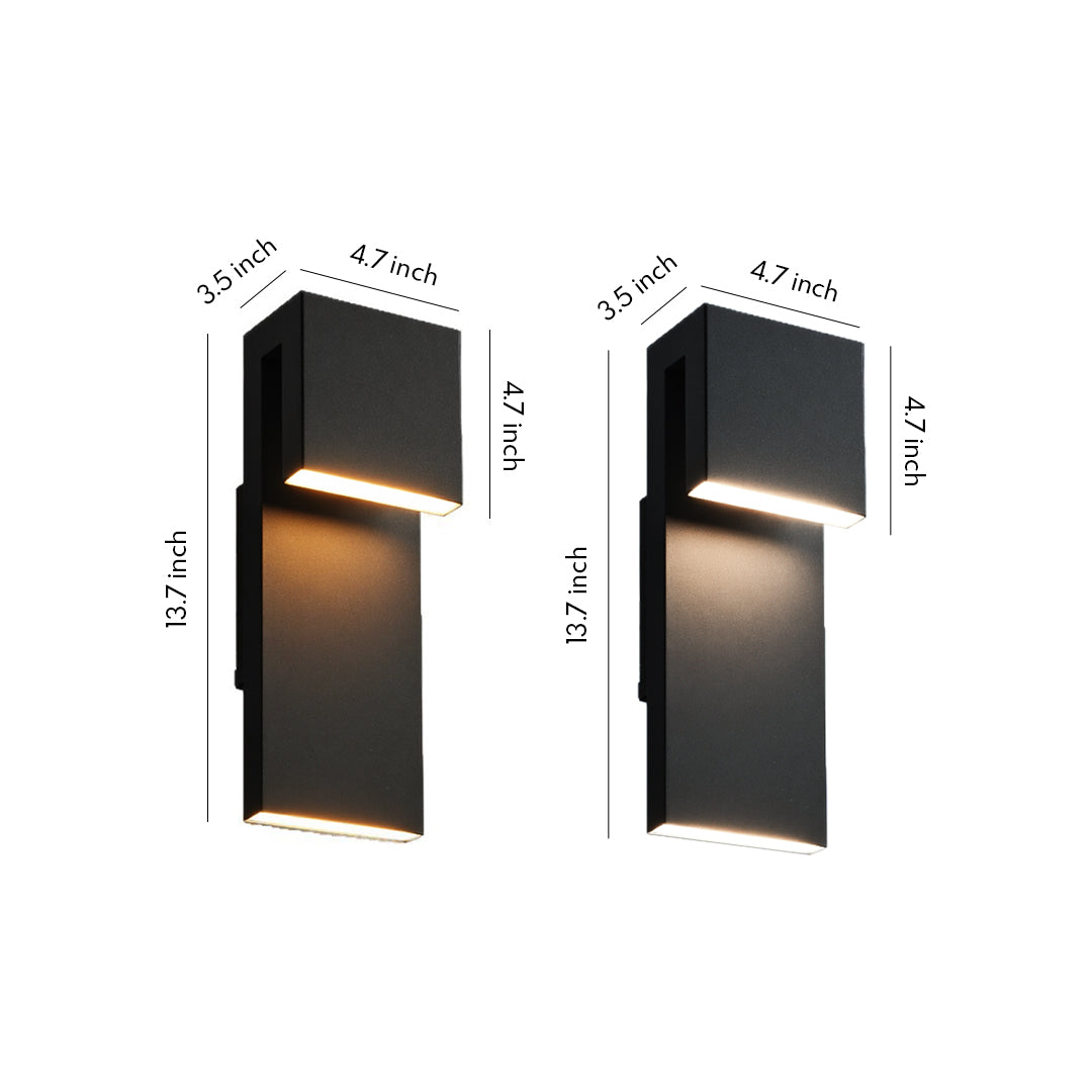 set of industrial outdoor wall lights in black geometric housing with warm LED lighting
