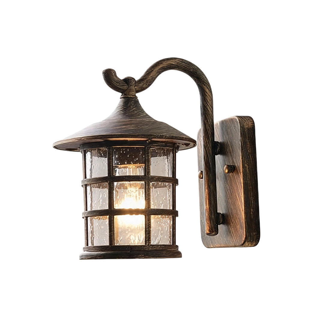 Outdoor wall light lantern in a bronze finish with a curved arm and seeded glass enclosure.