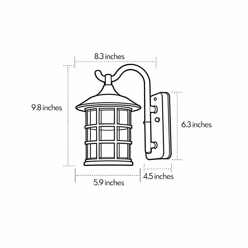 Outdoor wall light lantern dimension drawing showing the overall height, width, and wall projection.