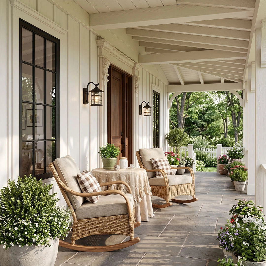 Outdoor wall light lantern illuminating a cozy front porch with rocking chairs and white columns.