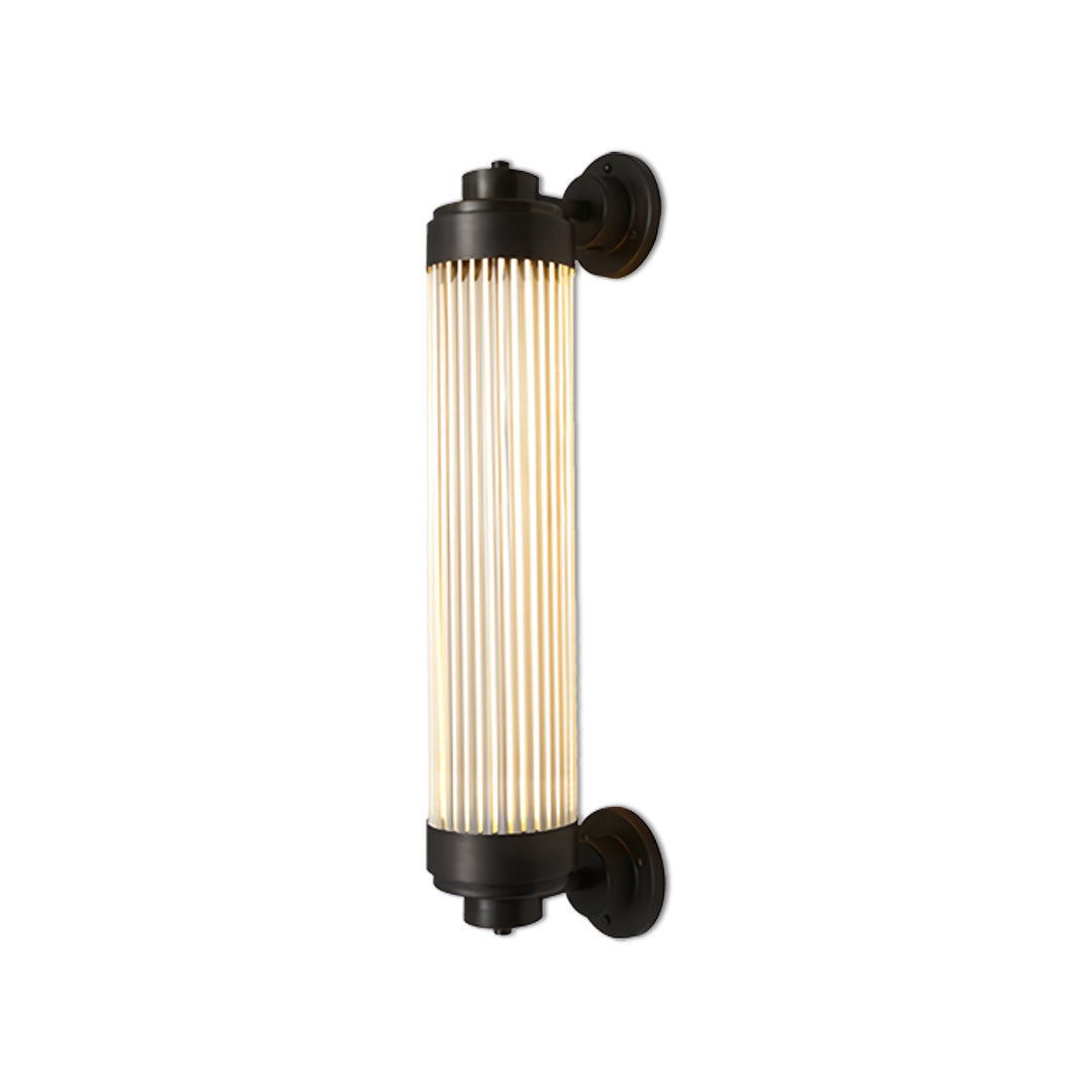 Elegant tall outdoor wall lighting LED fixture with warm glow and black end caps on white background.