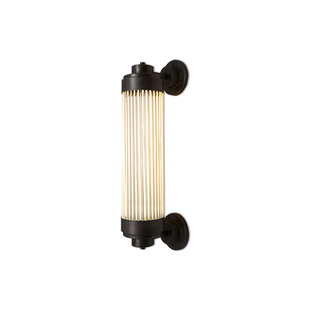 Single slim vertical outdoor wall lighting LED sconce featuring a gold tube and black mounting base.
