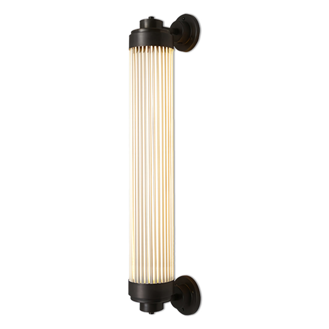 Minimalist tubular outdoor wall lighting LED design with soft warm illumination and dark mounting ends.