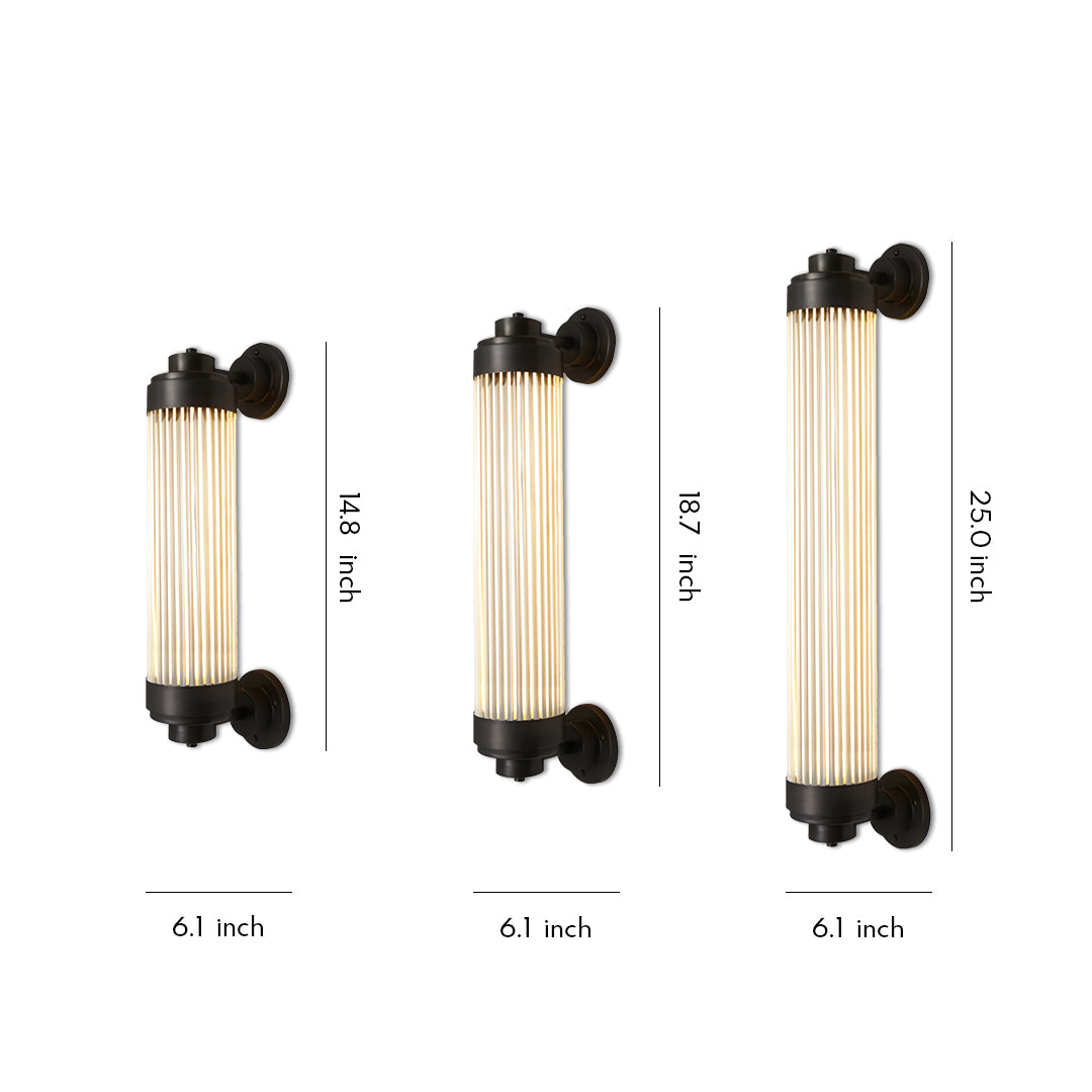 Slim vertical outdoor wall lighting LED fixture set in multiple sizes with minimalist black-and-gold design.