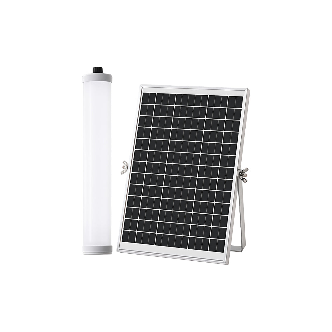 Complete outdoor wall lighting modern kit showing the linear tube light and its matching solar panel, isolated on white.
