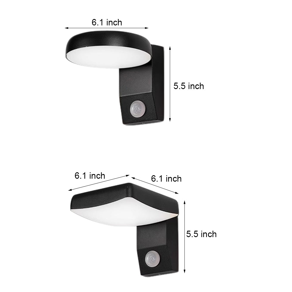 Line drawing of outdoor wall lights with motion sensor dimensions, providing installation specifications.