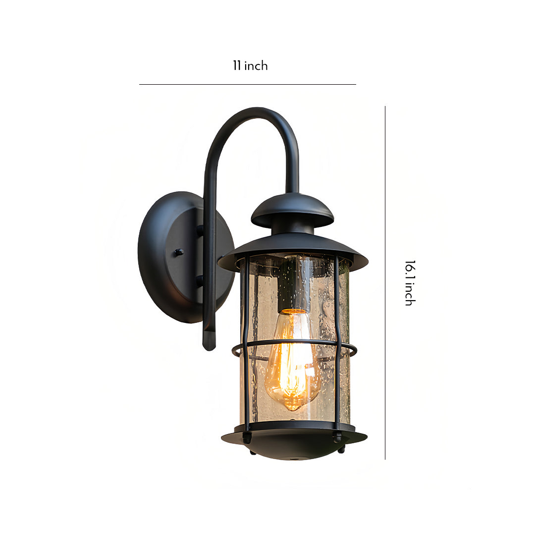 Outdoor wall mount light fixtures with measurement chart and classic lantern-style design.