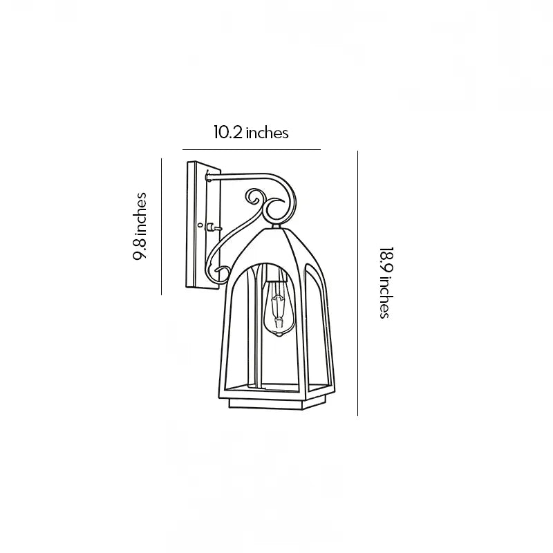 Outdoor wall mount lights dimension drawing showing fixture height, width, and wall projection measurements.