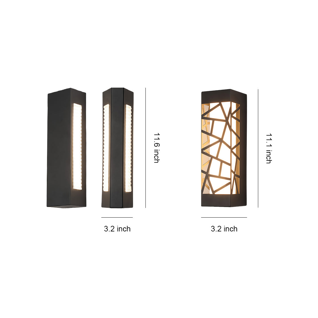 Outdoor wall mount lights specification diagram showing three size options with dimensions