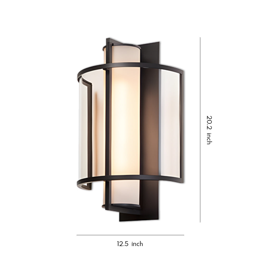 Classic rectangular outdoor wall mounted lighting fixture with frosted glass and black metal frame on white background.
