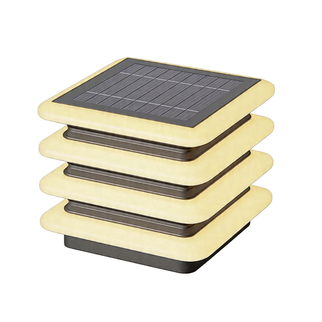 Outdoor wall pillar lights with solar-powered top and modern stacked square lighting structure.
