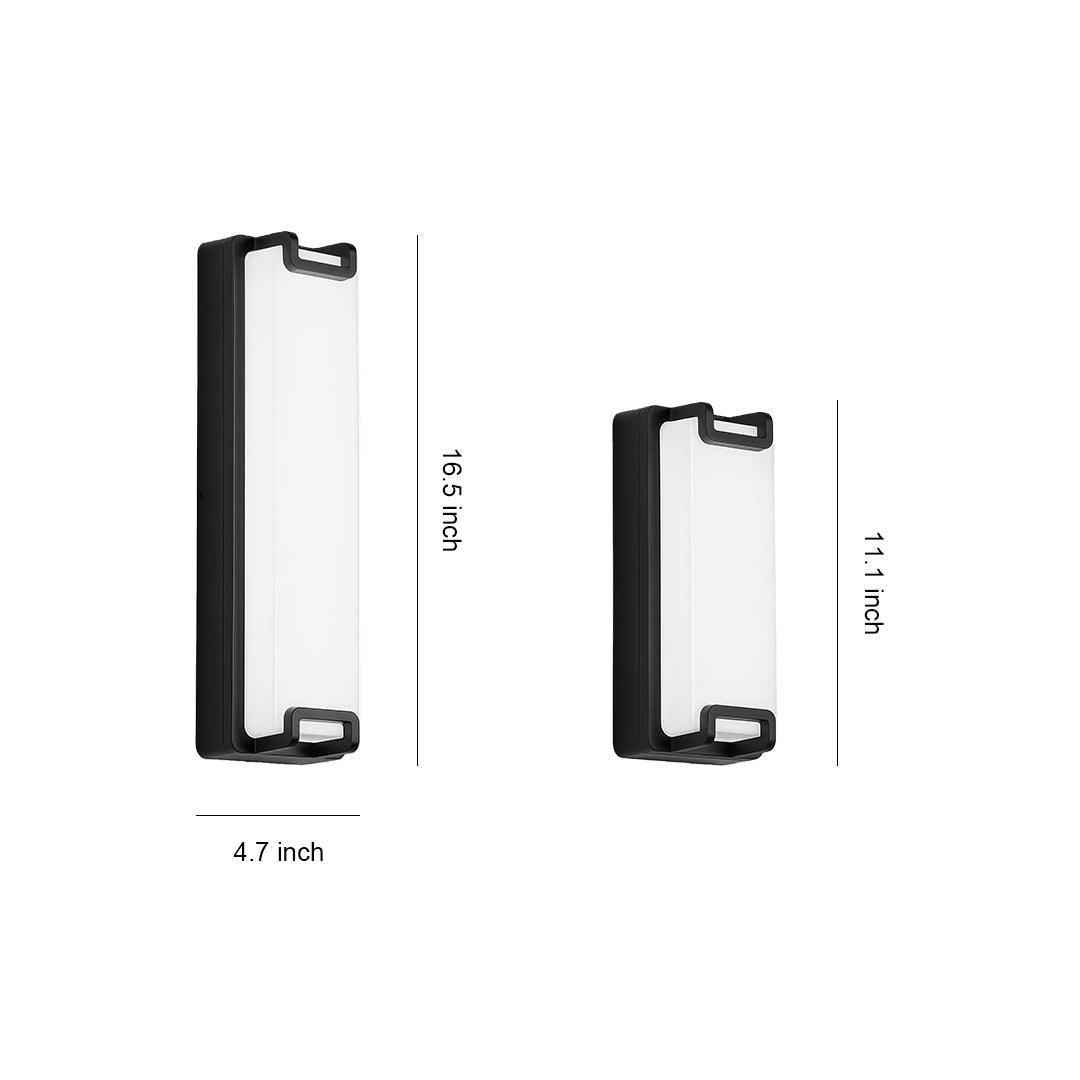 Outdoor black wall sconce with a modern design, mounted on a white wall, offering soft lighting for an outdoor space.